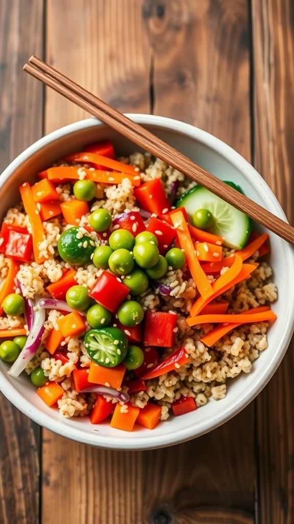 A colorful Asian quinoa bowl with bell peppers, carrots, cucumber, and edamame, garnished with sesame seeds on a wooden table.